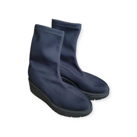 NEW La Canadienne Jared Knit Platform Bootie Navy Blue Black Wedge Shoe - Picture 2 of 7